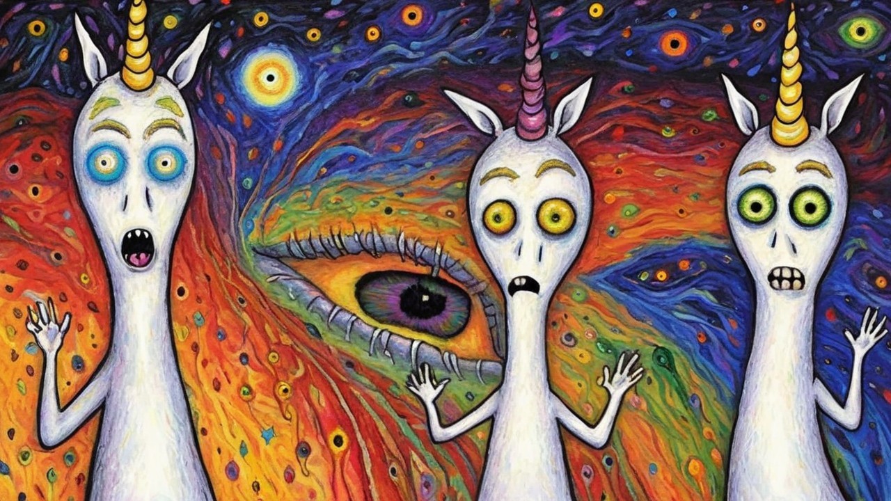 Whimsical Unicorns in a Vibrant Cosmic Scene