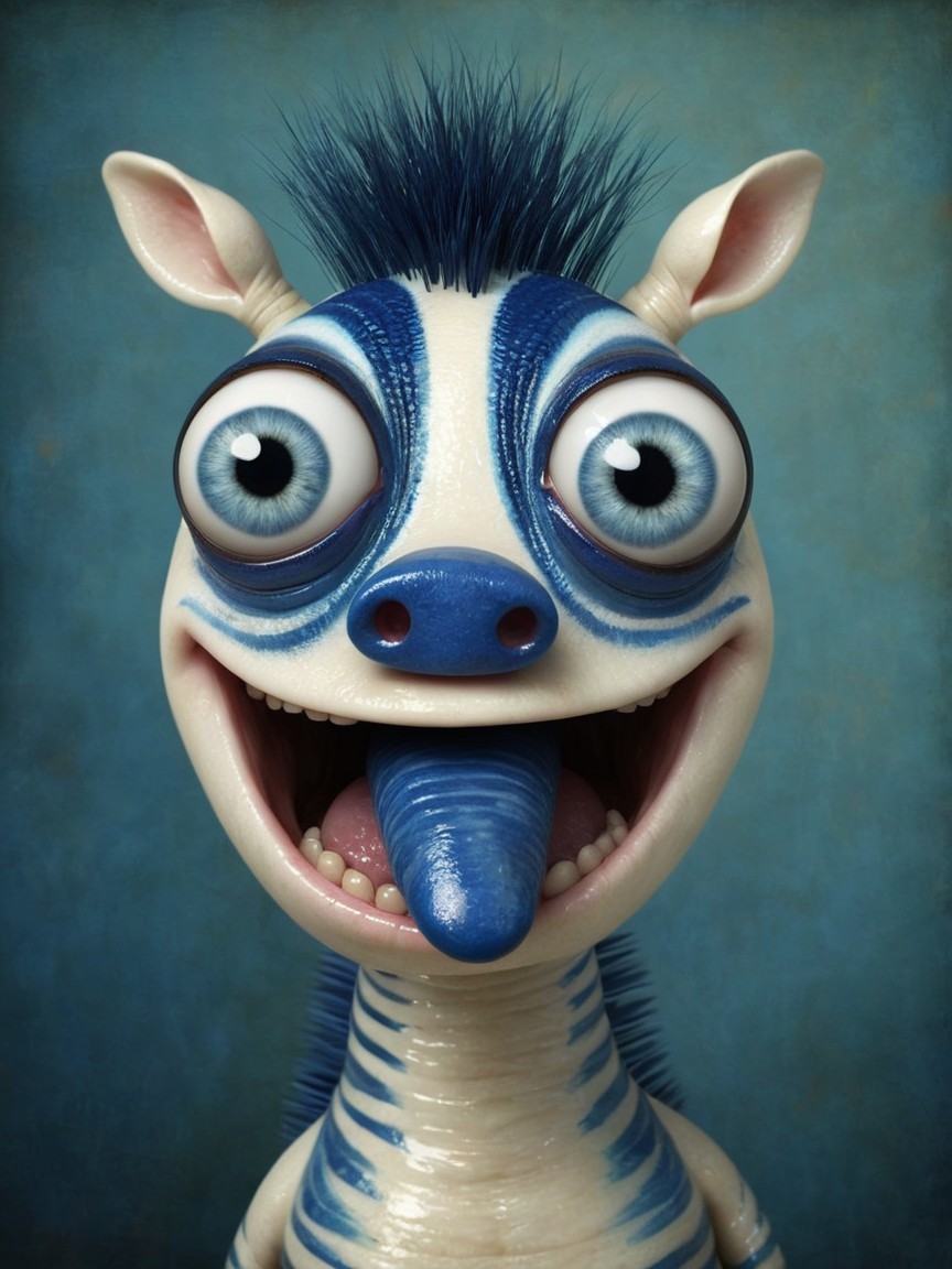 Cartoonish creature with blue stripes and playful expression