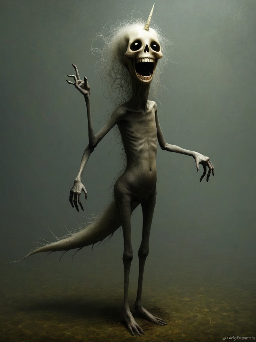 Surreal Creature in Dimly Lit Watery Environment