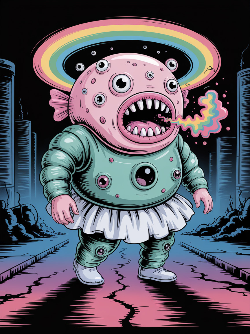 Cartoonish creature on a colorful cracked street