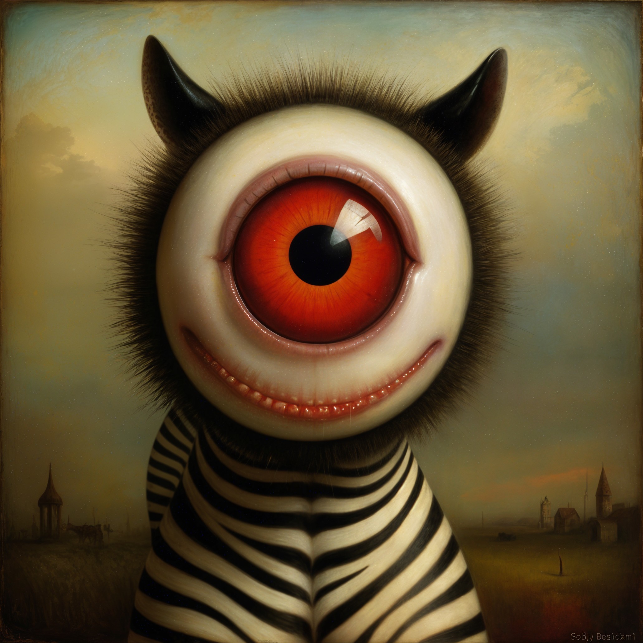 Whimsical creature in surreal landscape with large eye