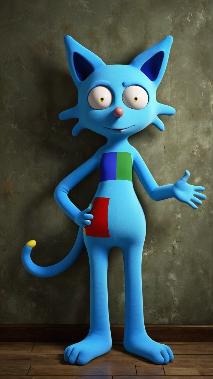Whimsical Blue Cartoon Cat Character Description