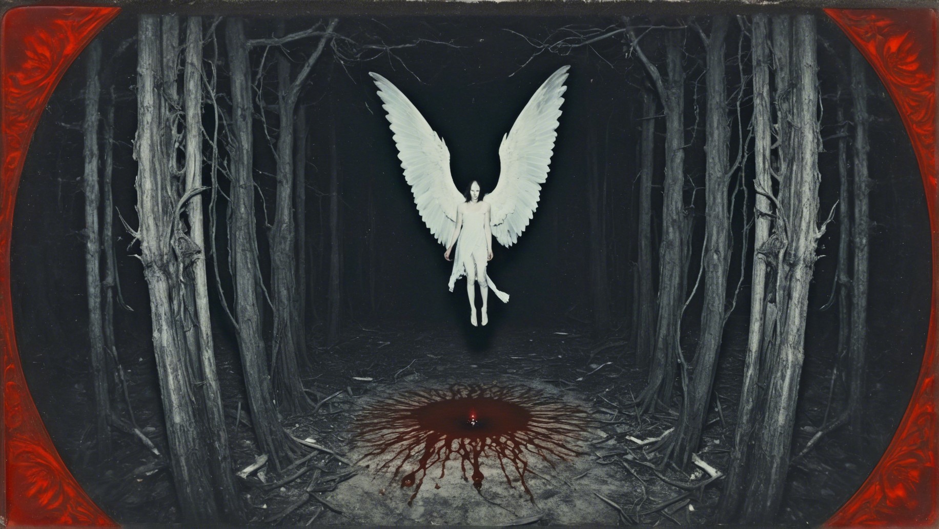 Dark Fantasy Painting of Winged Figure in Forest