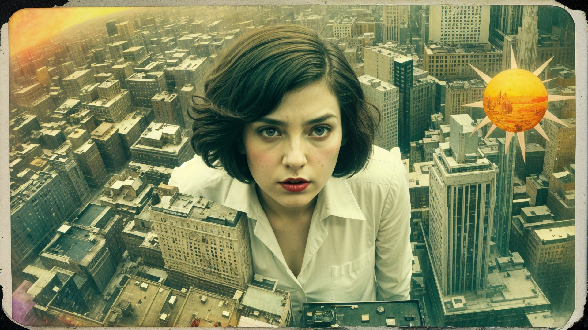Woman with Bob Haircut in Surreal Cityscape