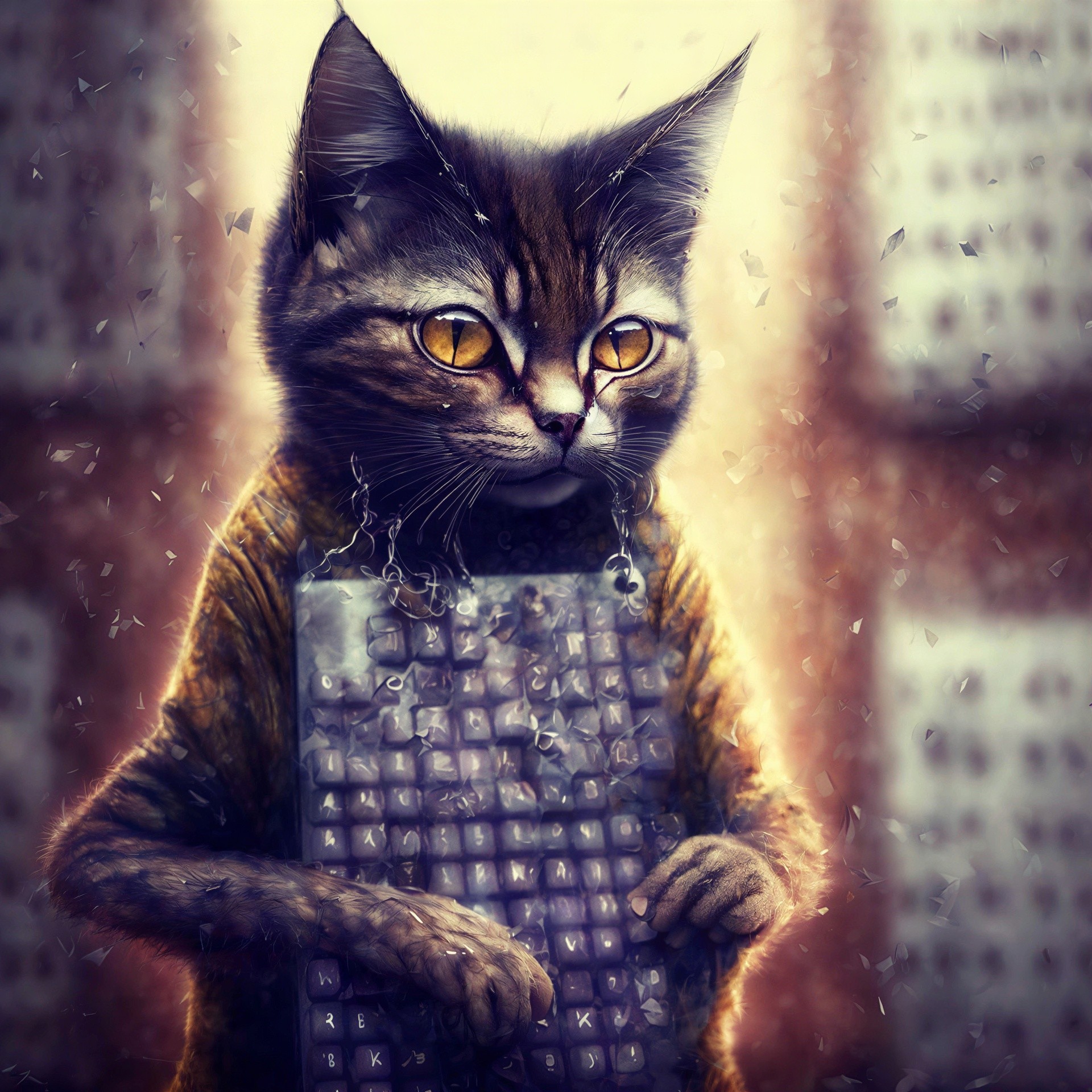 Tabby Cat in Striped Shirt with Keyboard and Charms