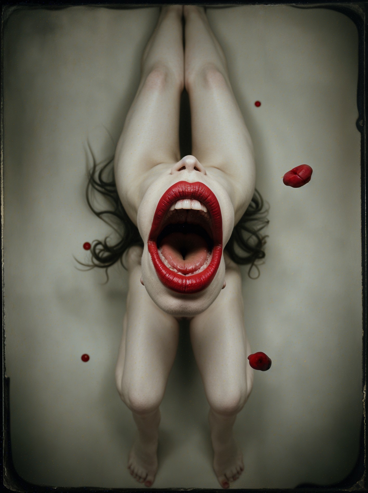 Surreal Figure with Upside Down Scream and Red Accents