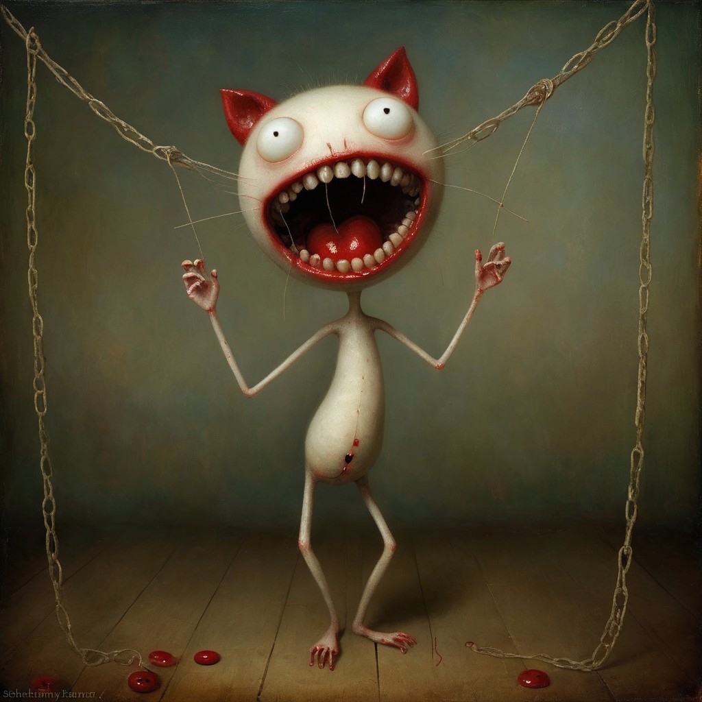 Surreal creature with exaggerated features in dim room