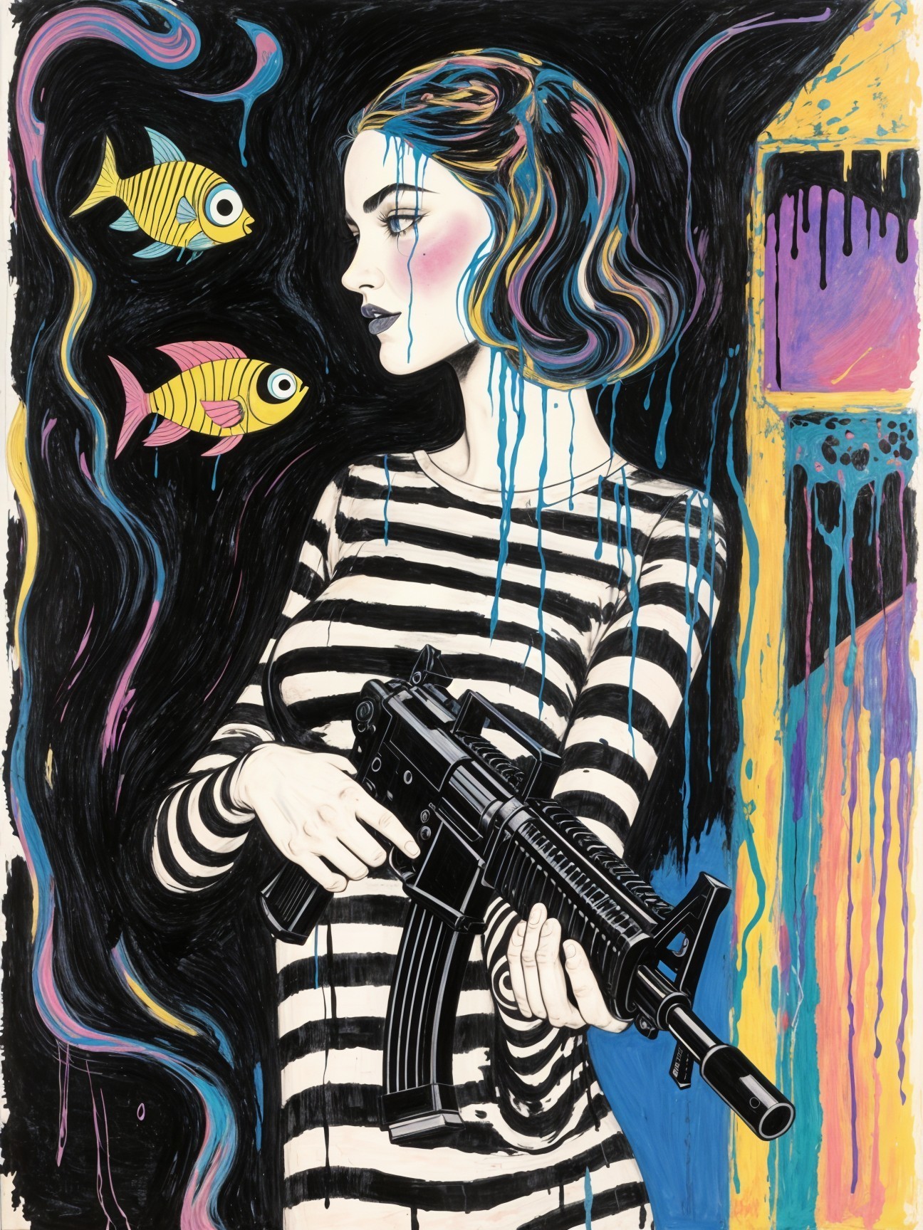 Artwork of Woman with Rifle and Colorful Fish