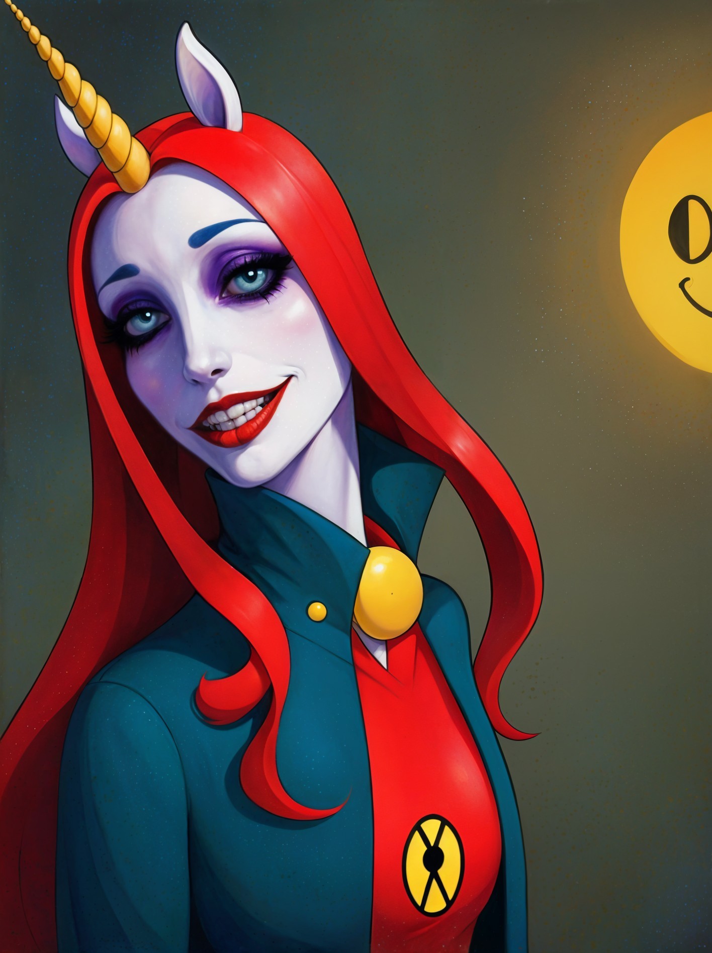 Whimsical character with red hair and unicorn horn