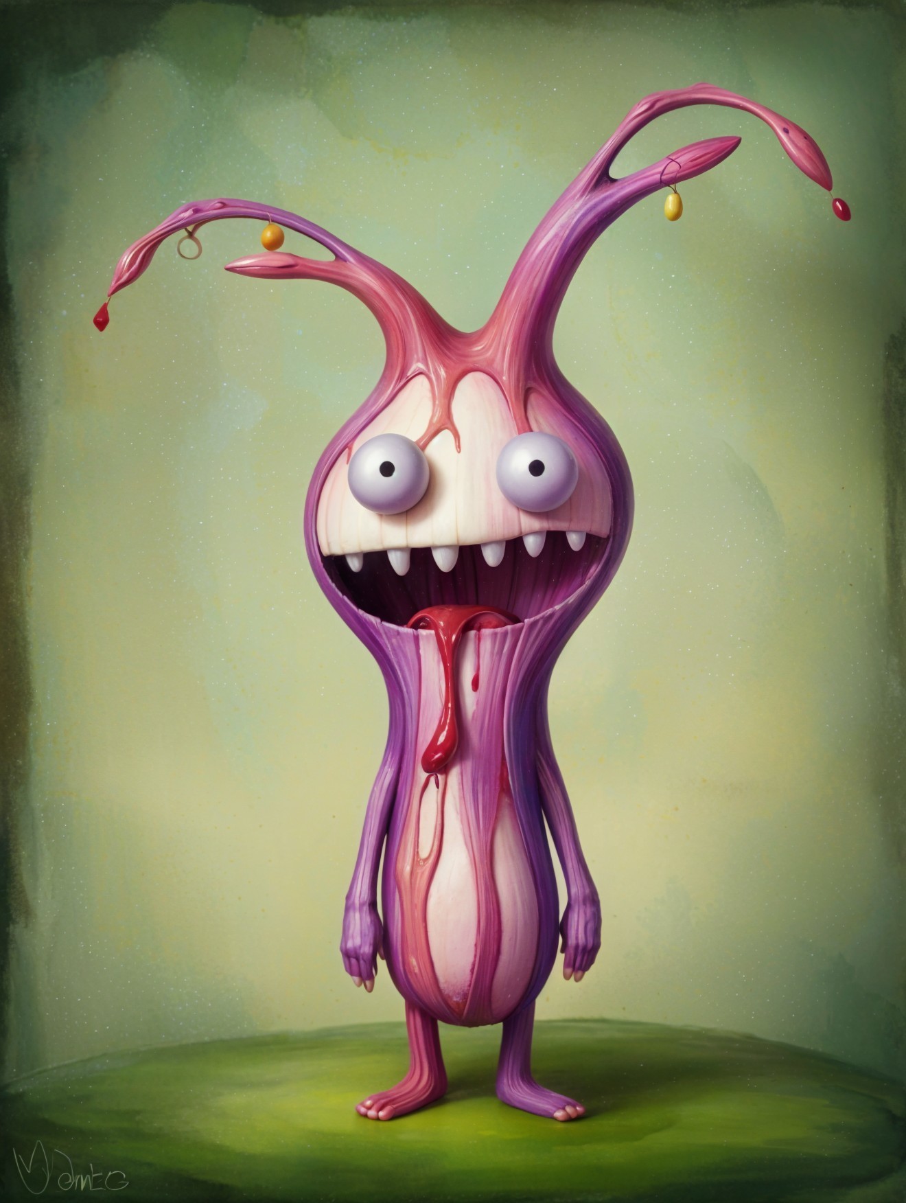 Whimsical Creature with Colorful Features on Green Backdrop