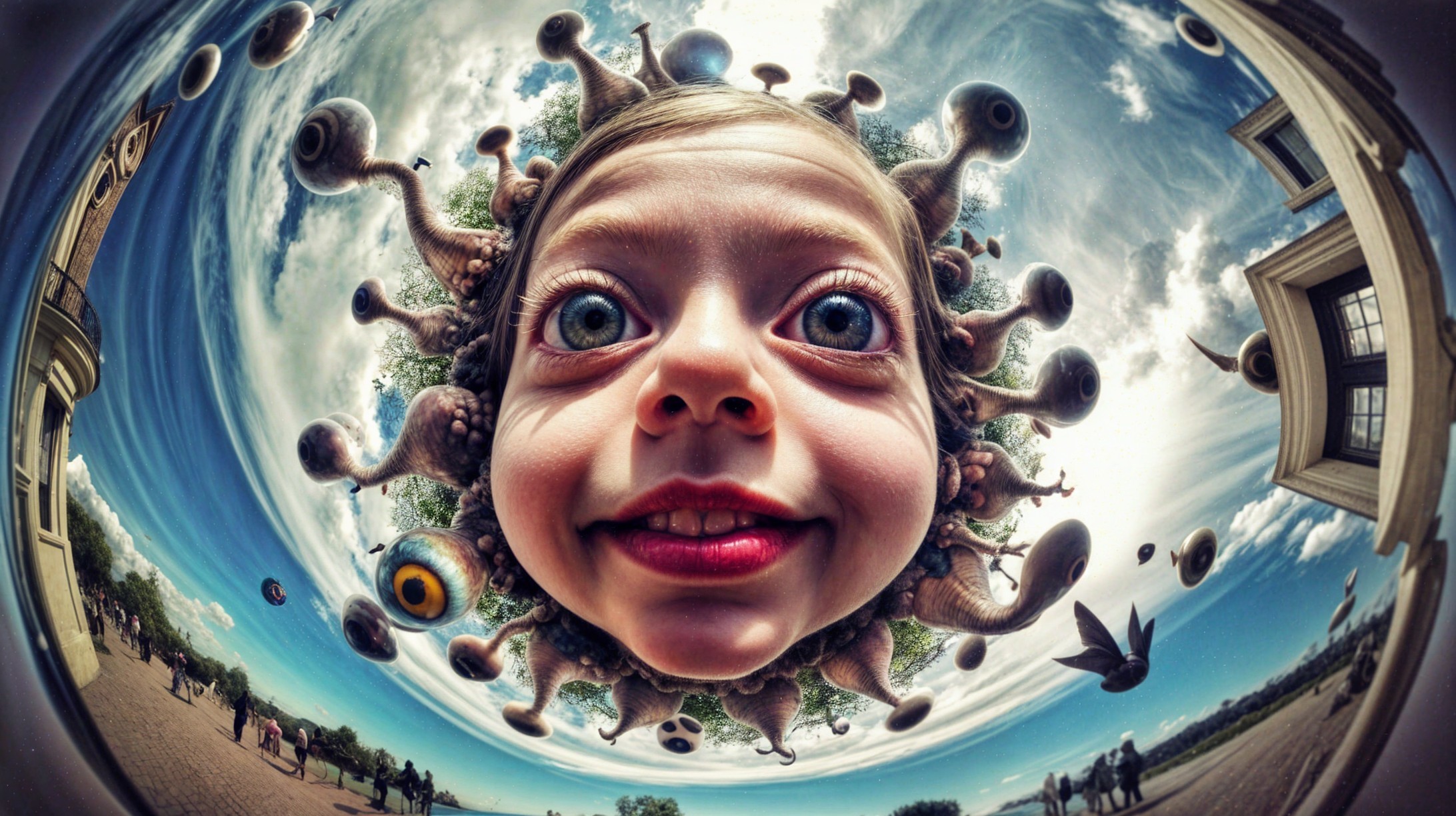 Surreal Scene of Exaggerated Child's Face and Landscape