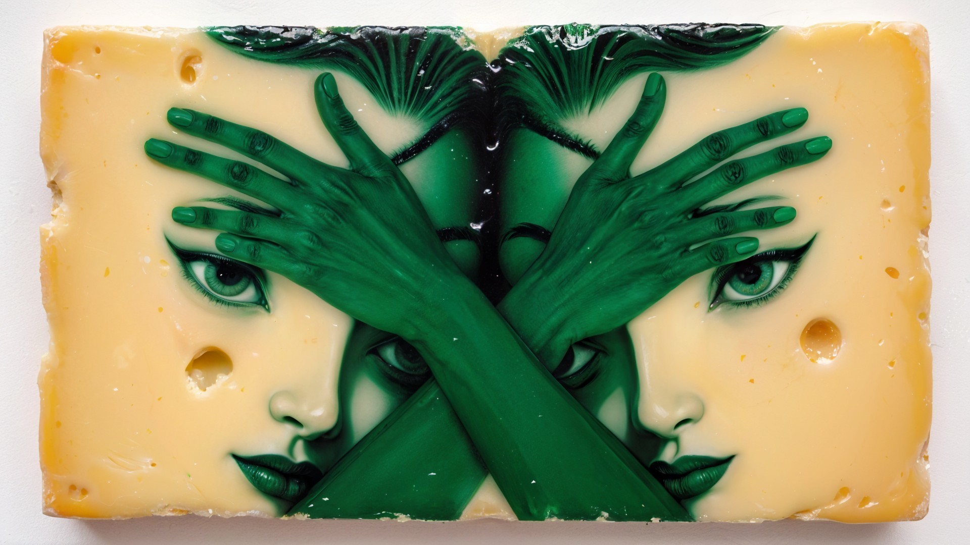 Artistic Cheese Block with Stylized Female Faces