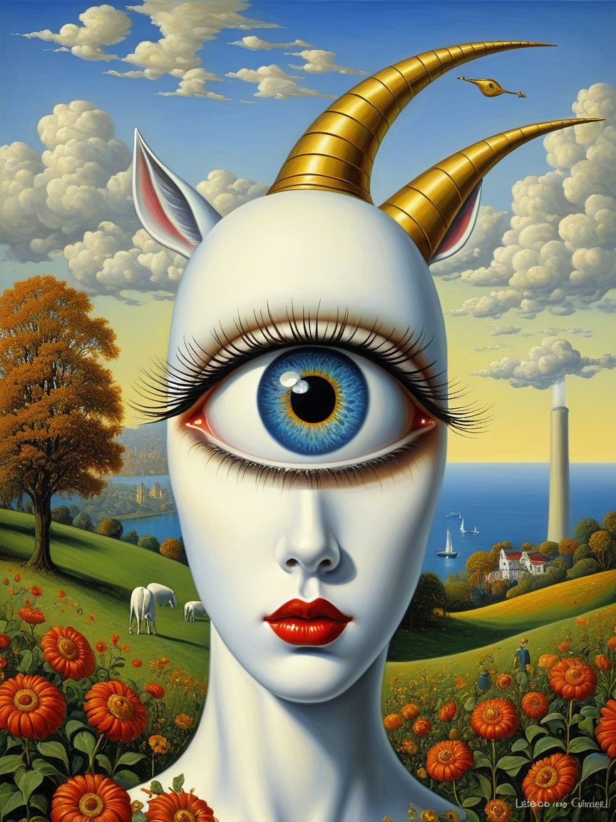 Surreal landscape with vibrant flowers and a central figure