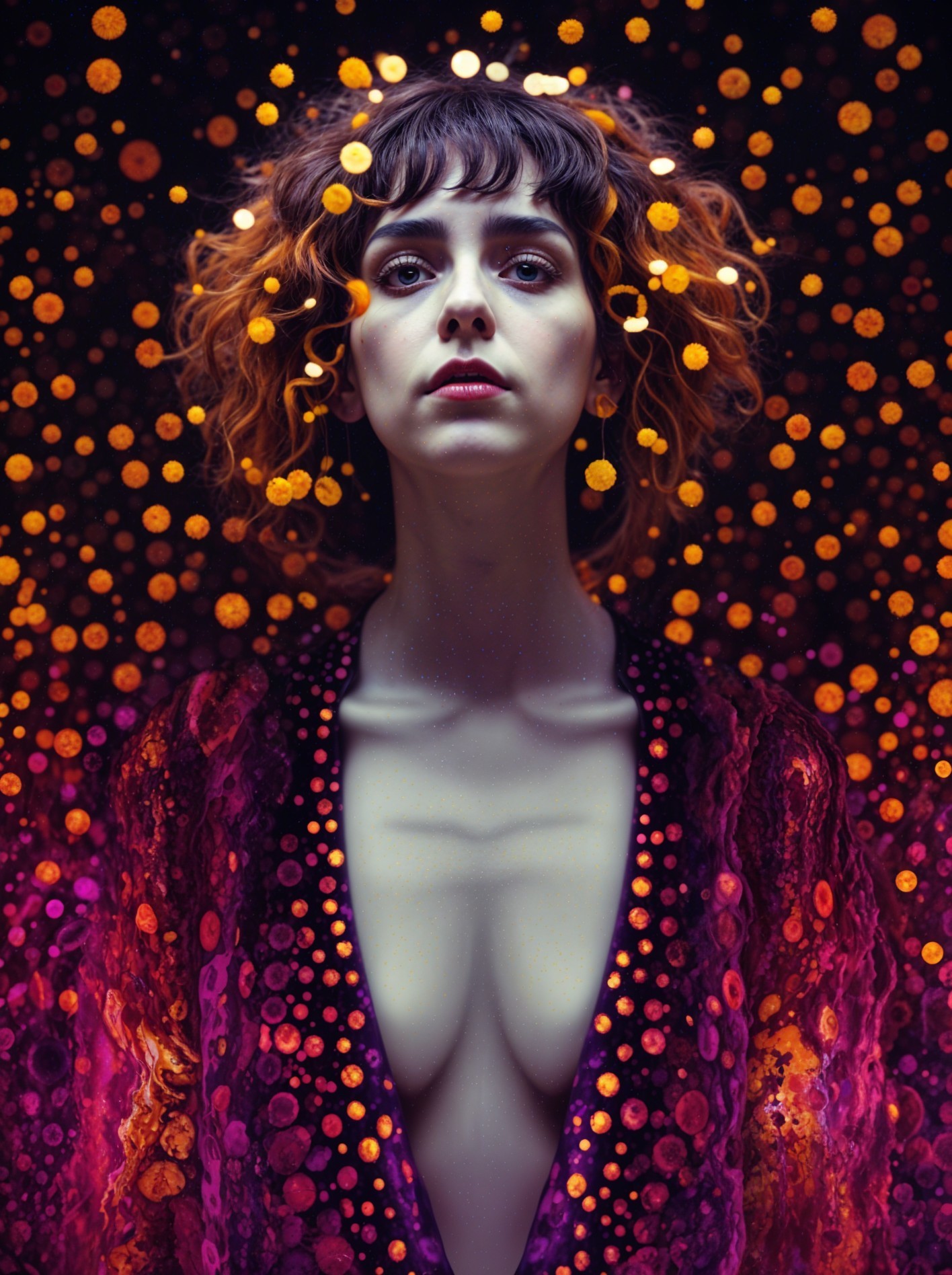 Portrait of a Woman with Curly Hair and Golden Bokeh