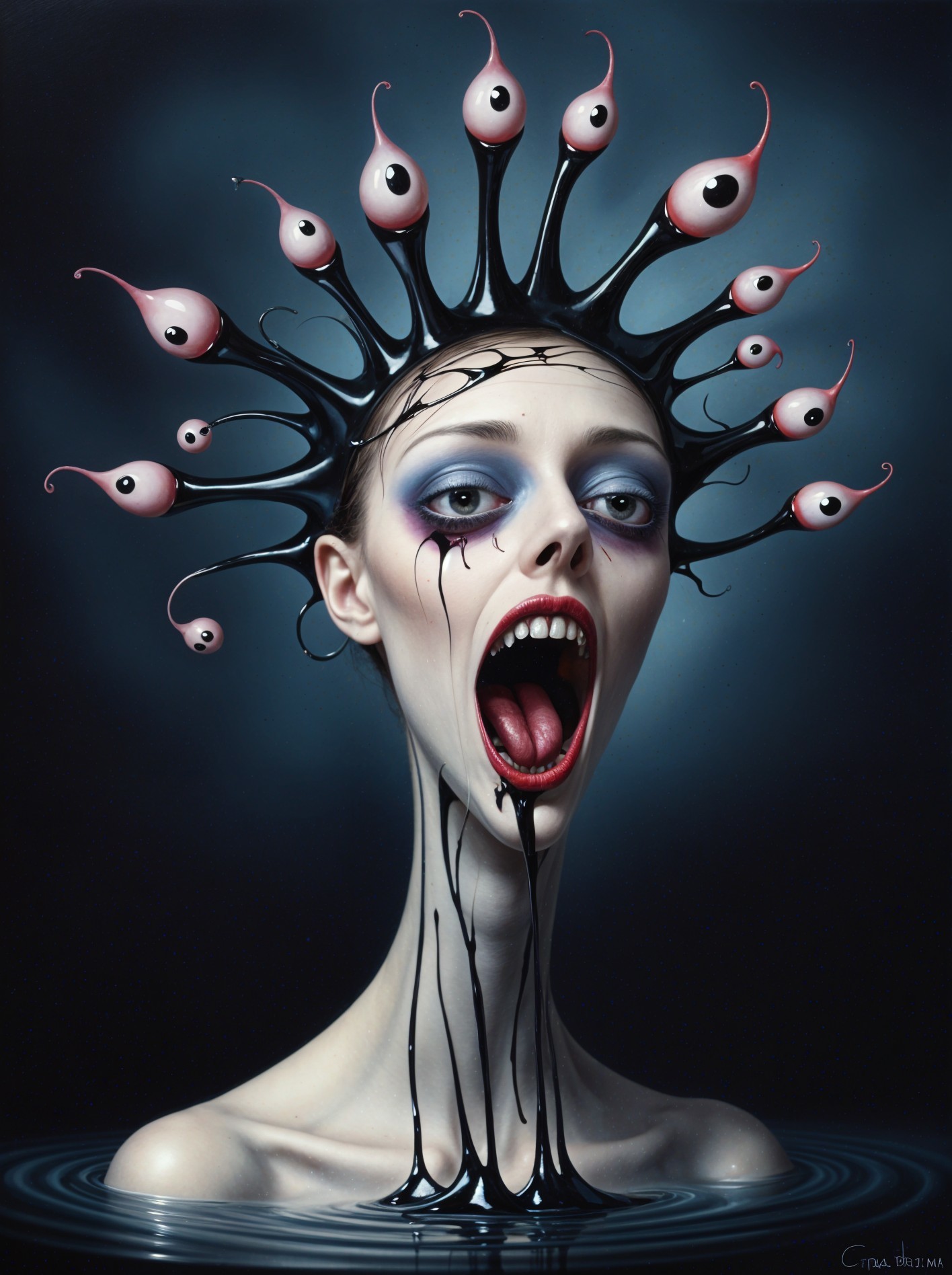 Surreal Figure with Elongated Neck and Distorted Elements