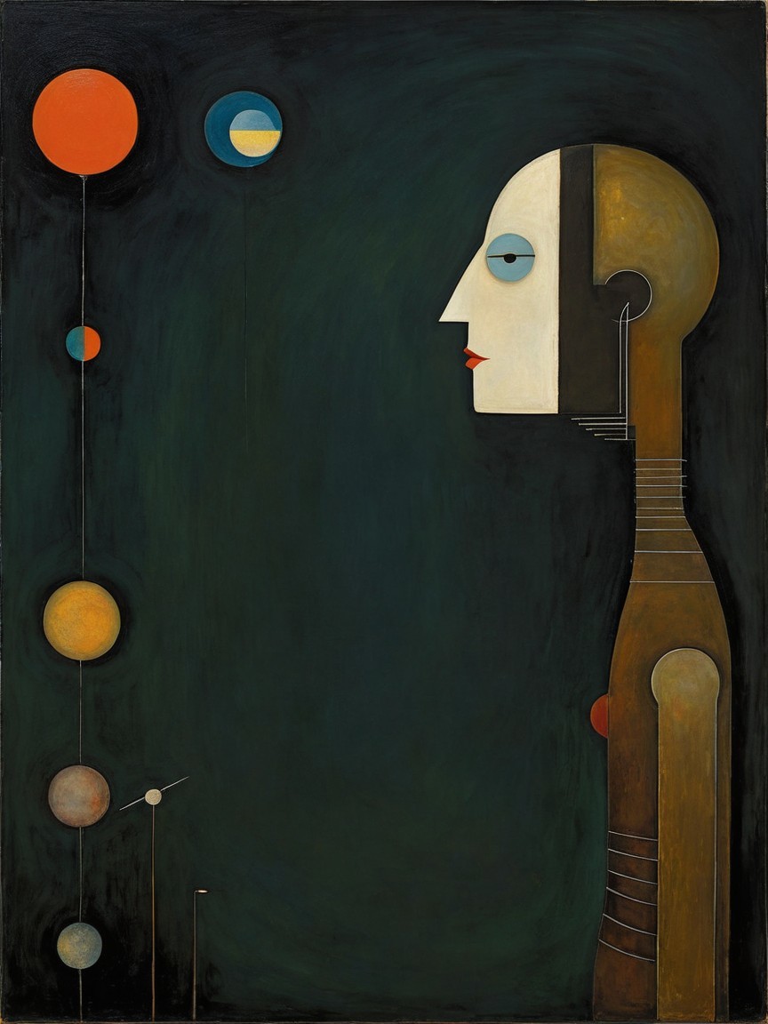 Stylized Humanoid Figure with Cosmic Orbs in Artwork