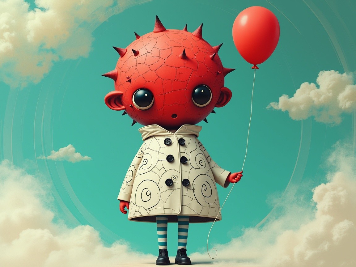 Whimsical Character with Cracked Red Head and Balloon