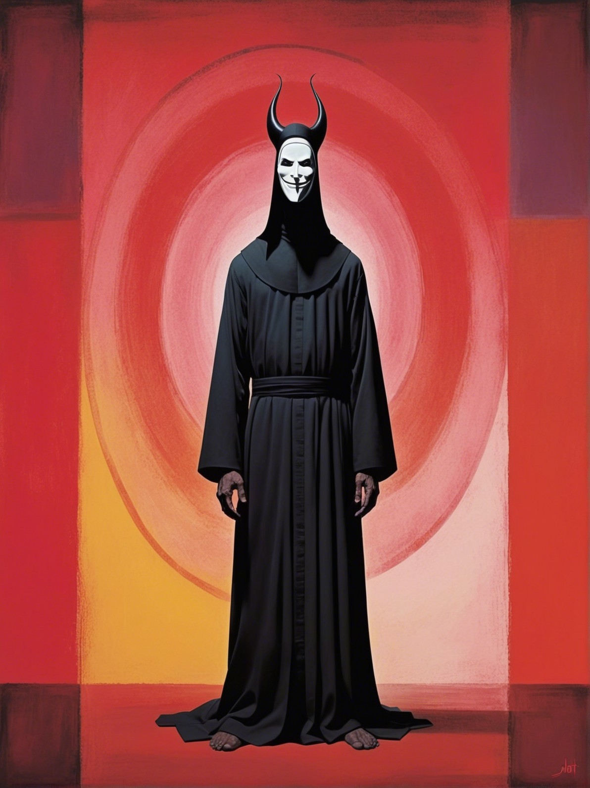 Full-body portrait of a character in black robe and mask