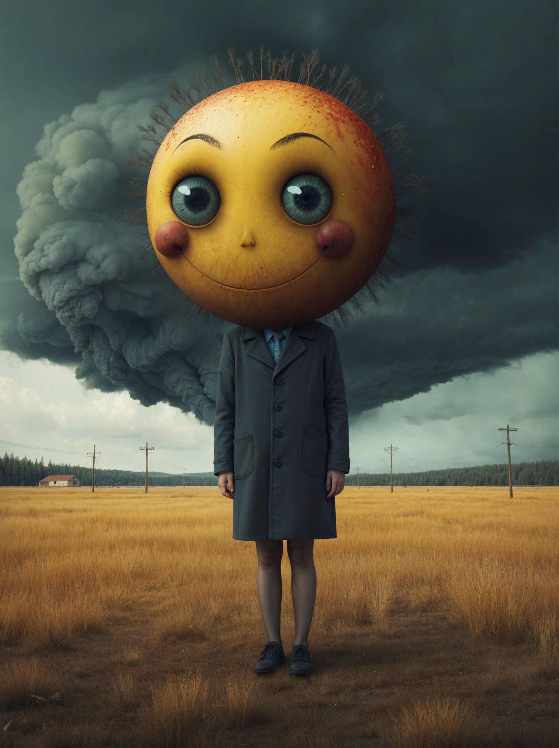 Surreal Scene of Figure in Golden Field with Stormy Sky