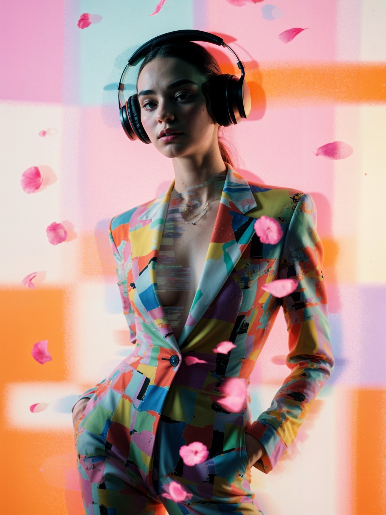 Colorful Figure in Patterned Suit with Headphones