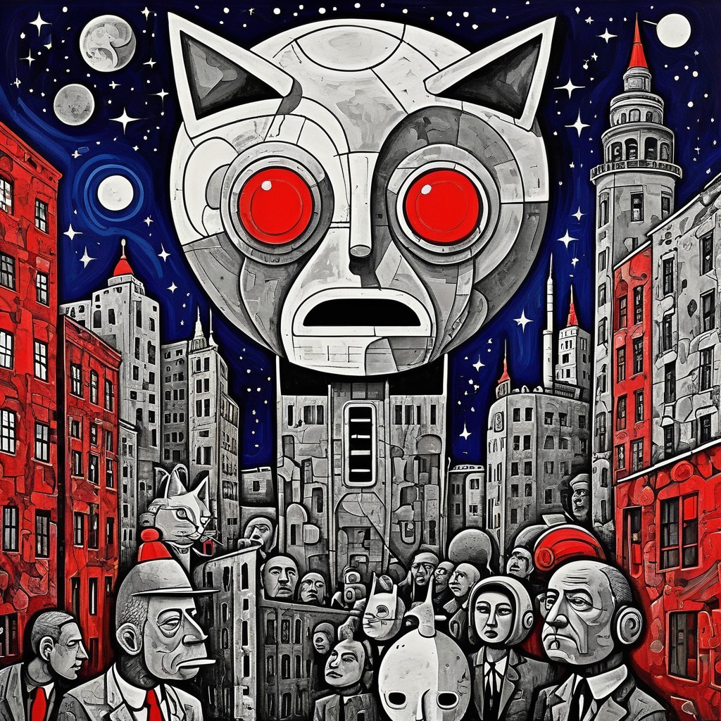 Surrealist Oil Painting of Dark Cubist Cityscape