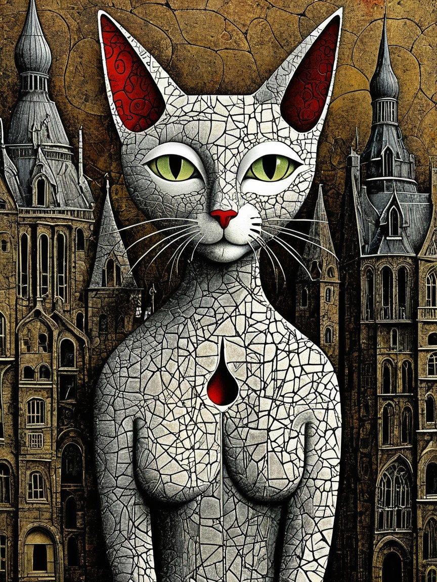 Stylized White Cat with Green Eyes in Gothic Setting