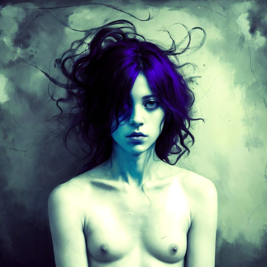Portrait of a Young Woman with Purple Hair and Ethereal Background