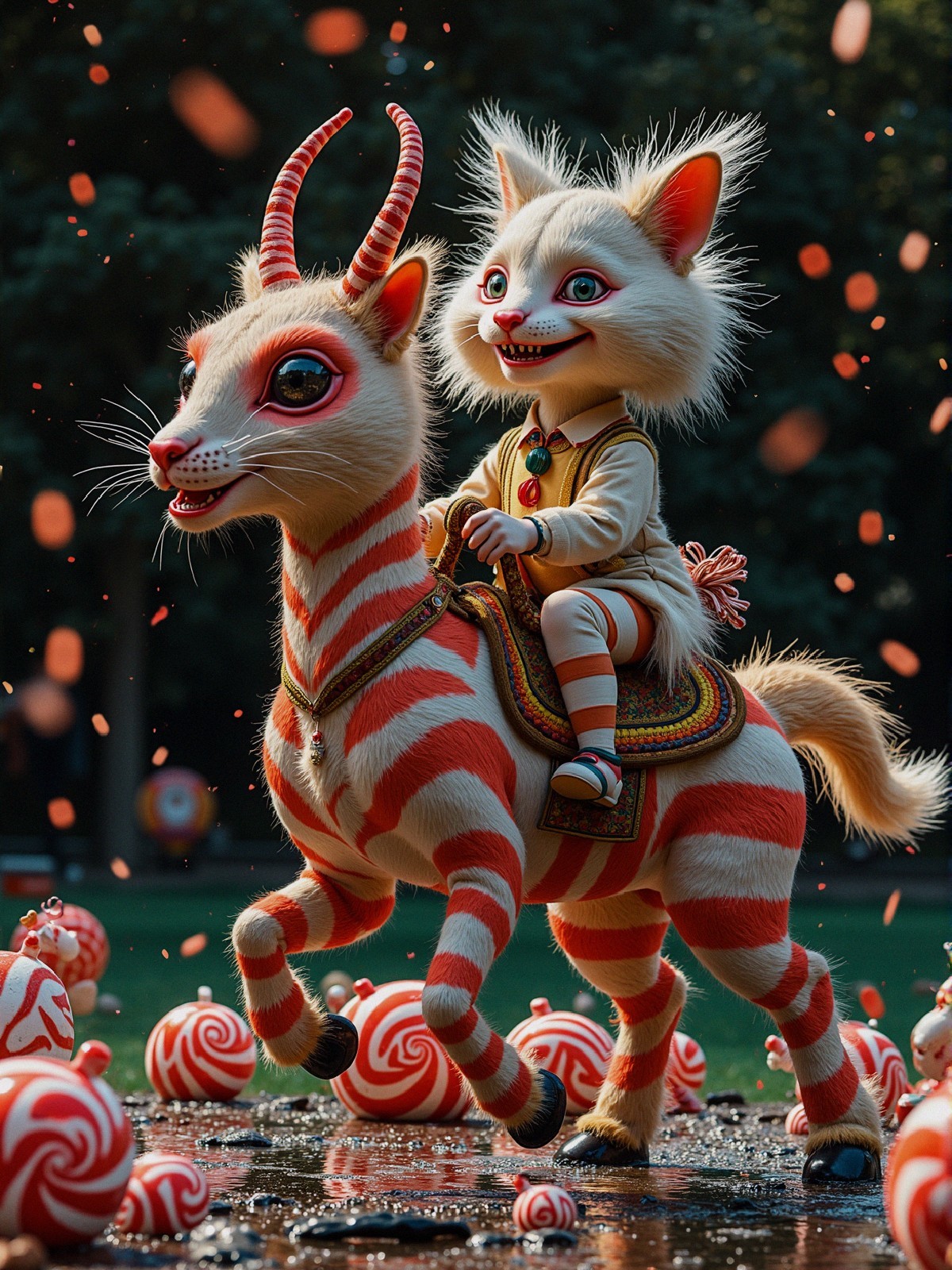 Whimsical Scene of a Creature Riding a Striped Goat