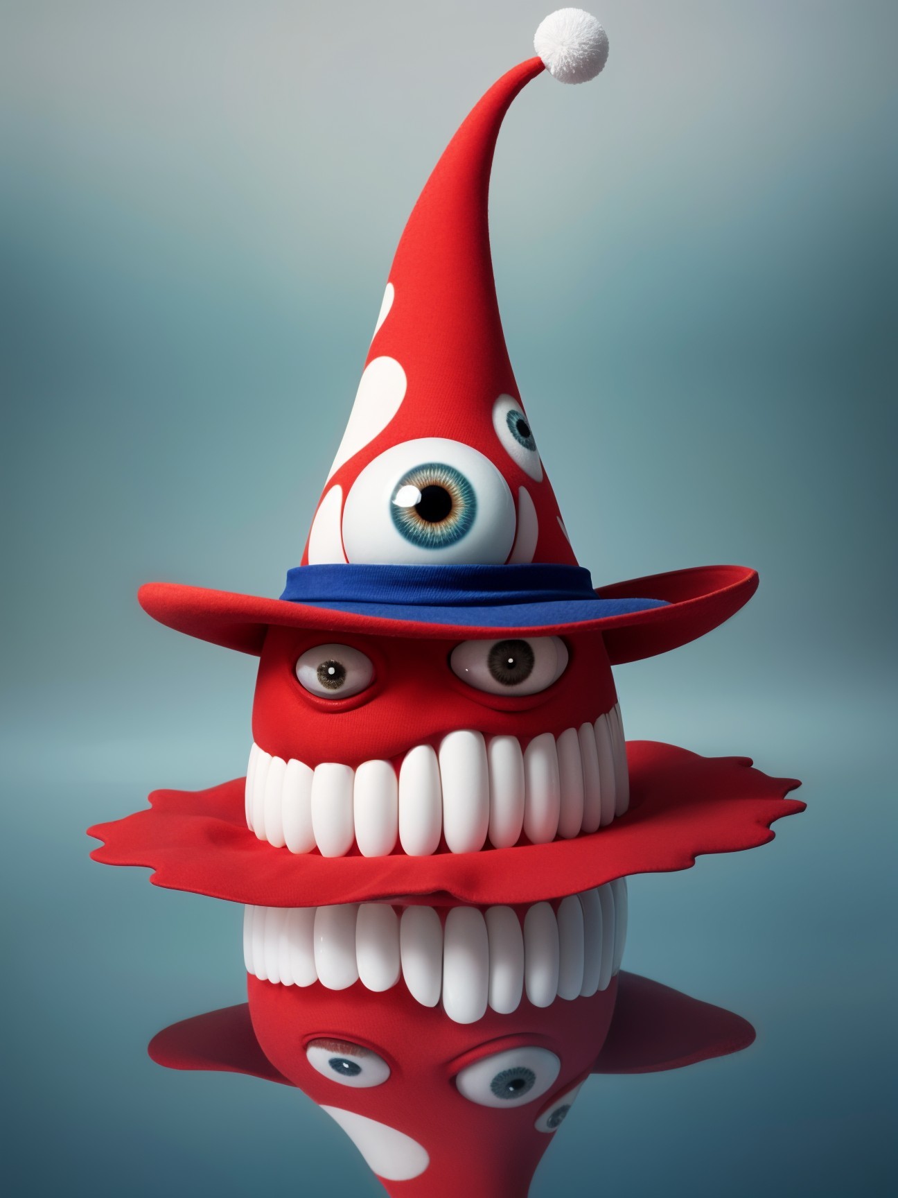 Whimsical creature with polka dot hat and expressive features