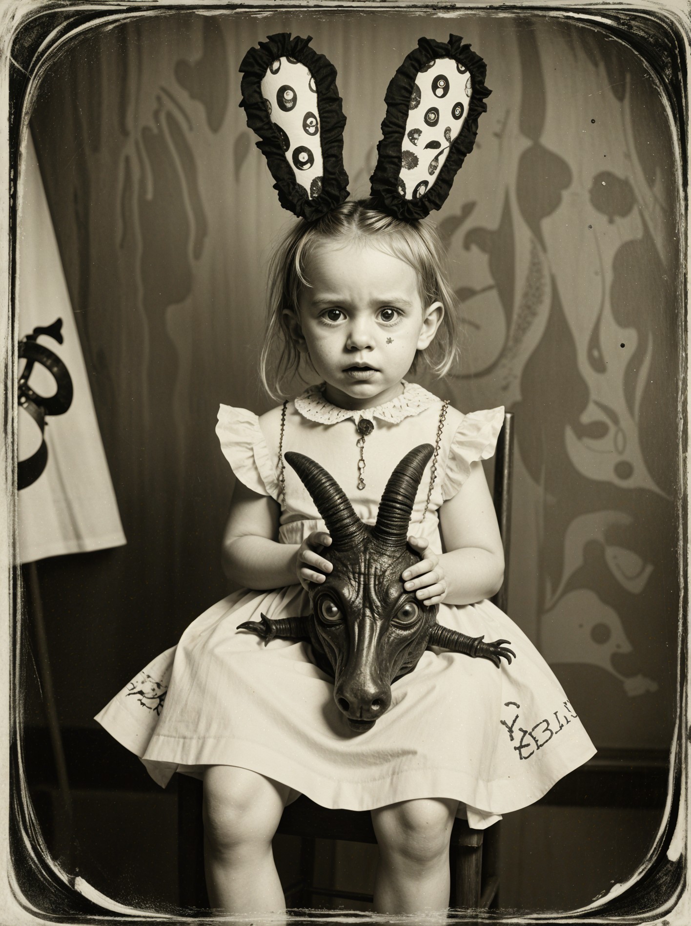 Young girl in white dress with dark accents and mask