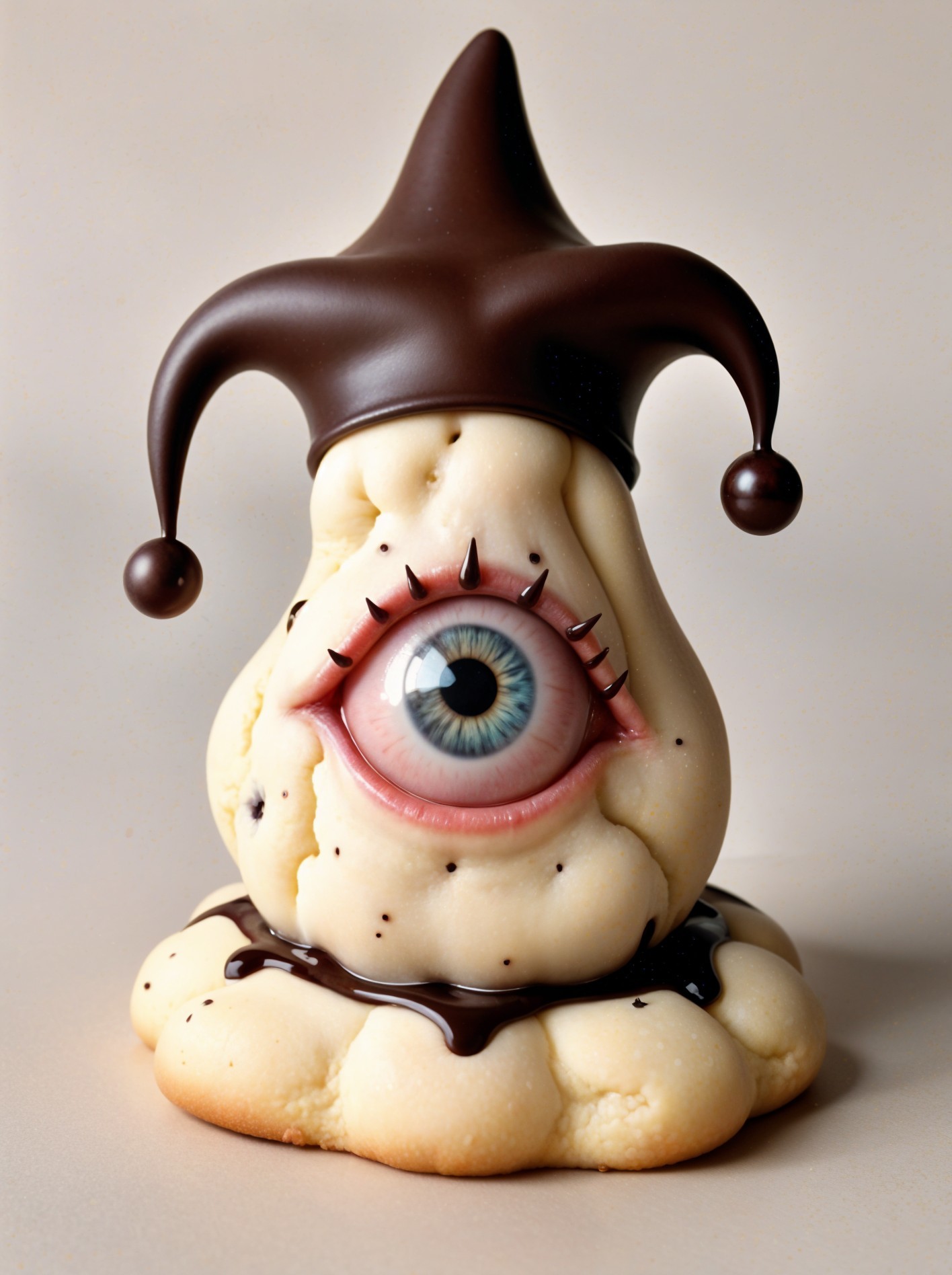 Whimsical dessert shaped like a jester's hat with eye