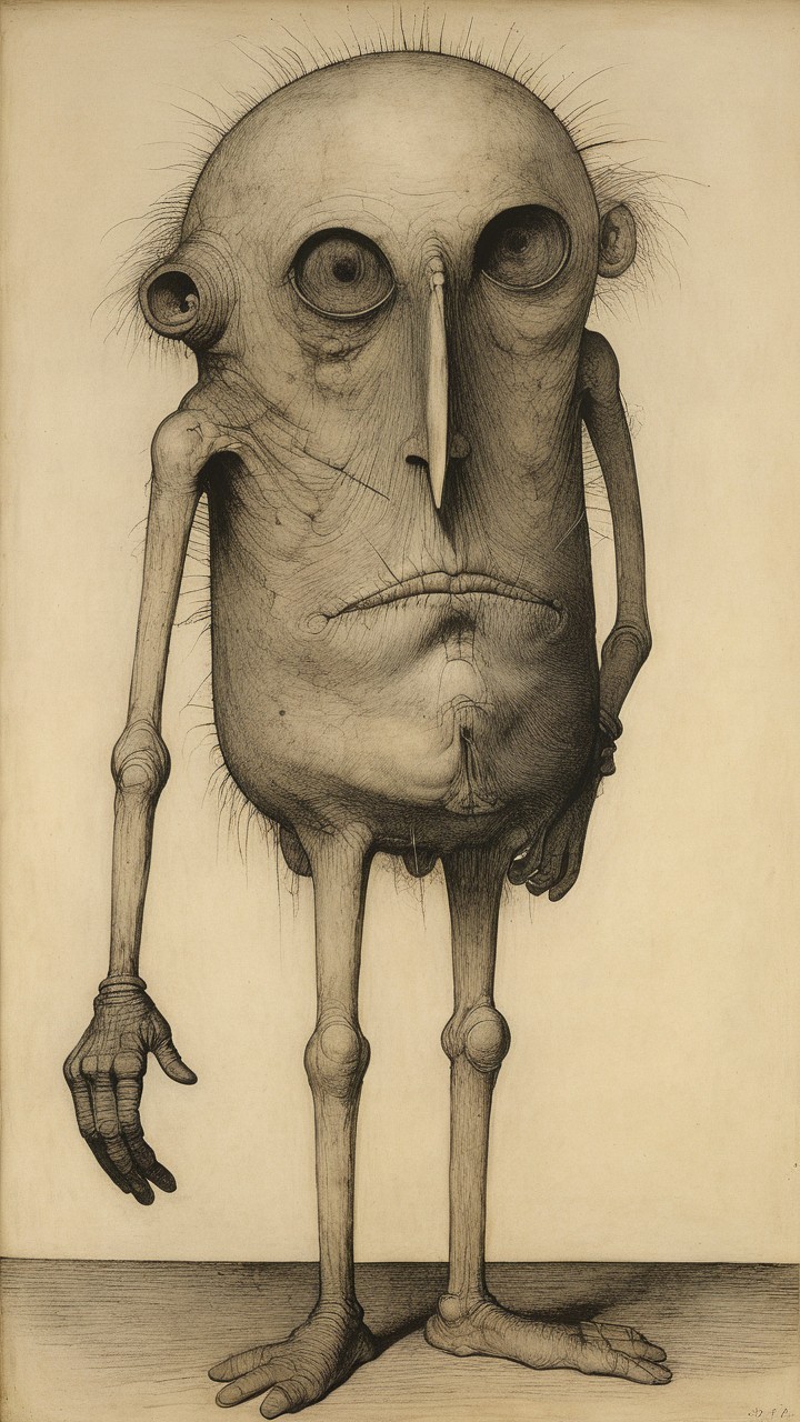 Tall Humanoid Figure with Elongated Head and Features