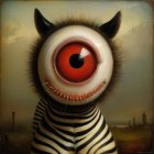 Whimsical creature in surreal landscape with large eye