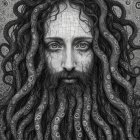 Surreal Figure with Tangled Hair and Monochromatic Design
