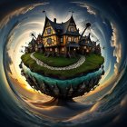 Whimsical Medieval Houses in a Spherical Landscape