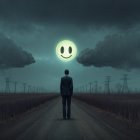 Lone Figure on Desolate Road Under Smiley Face Sky