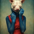 Humanoid Figure in Red Dress with Pig Mask