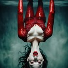 Figure in Glossy Red Outfit Floating Underwater
