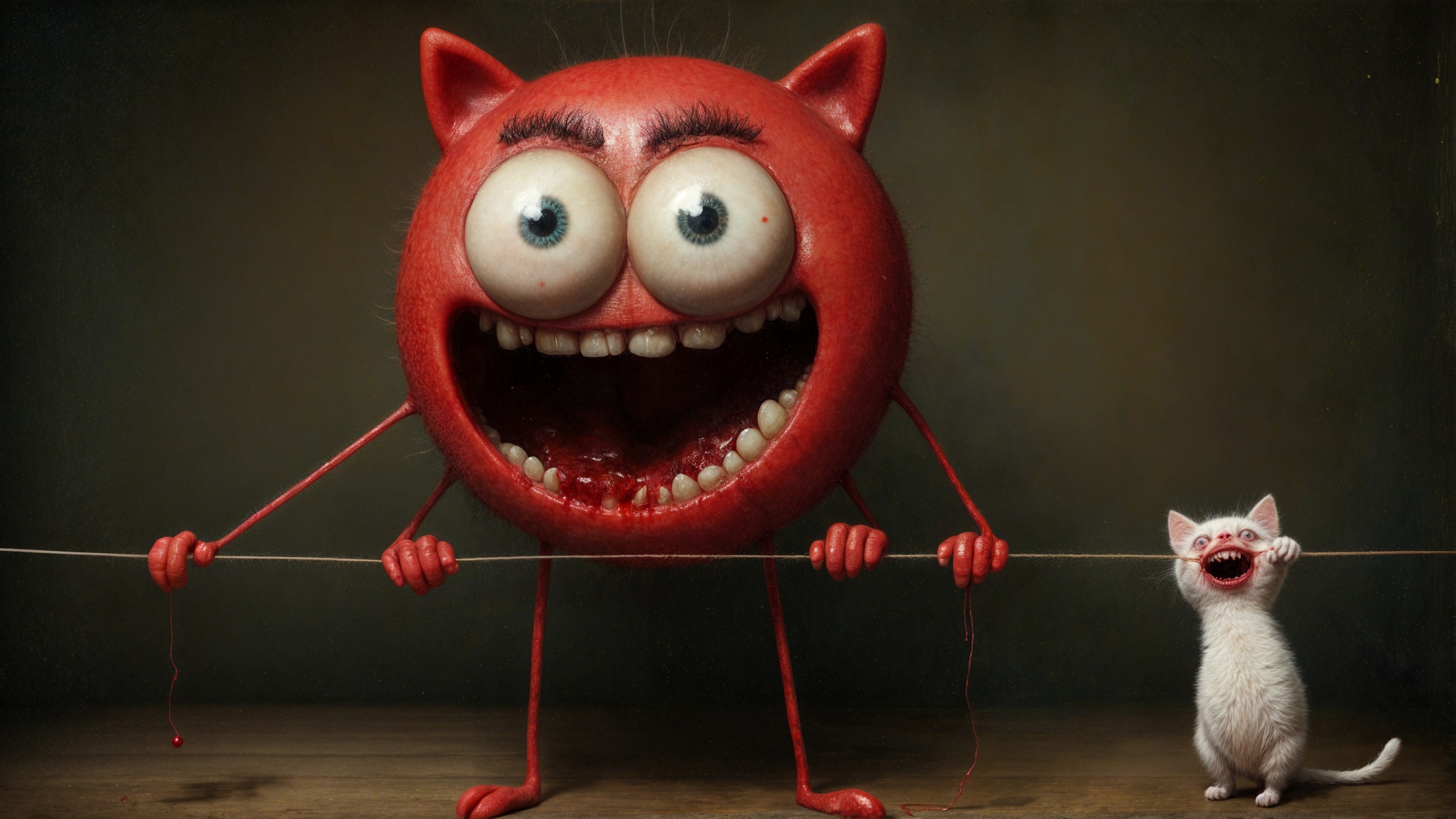 Whimsical Red Creature and Kitten in Dark Background