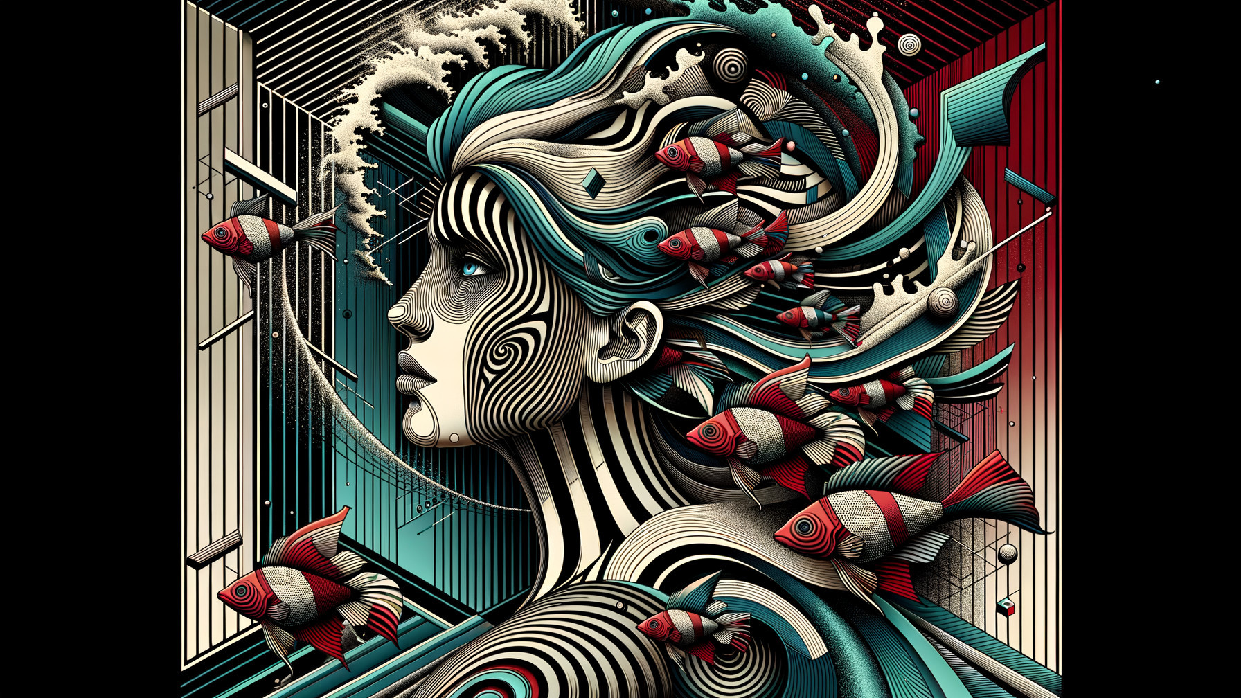 Stylized Portrait of Woman with Flowing Hair and Fish