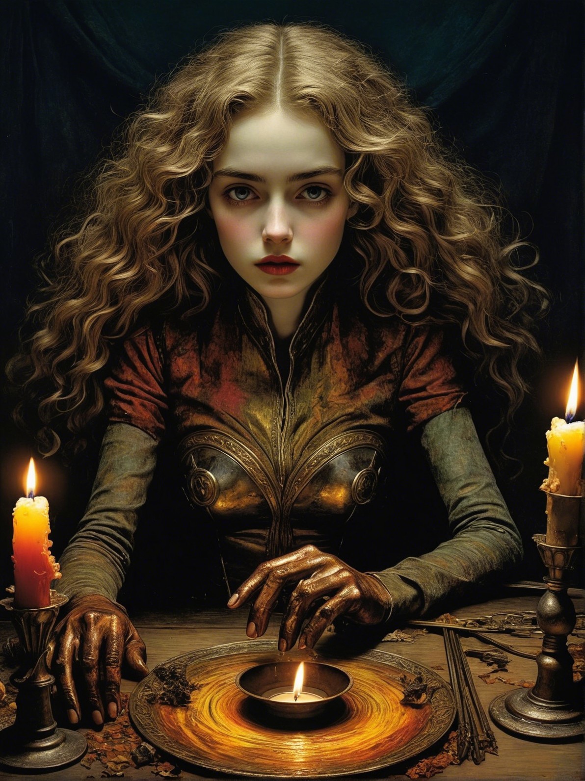 Young woman engaged in mystical ritual at wooden table