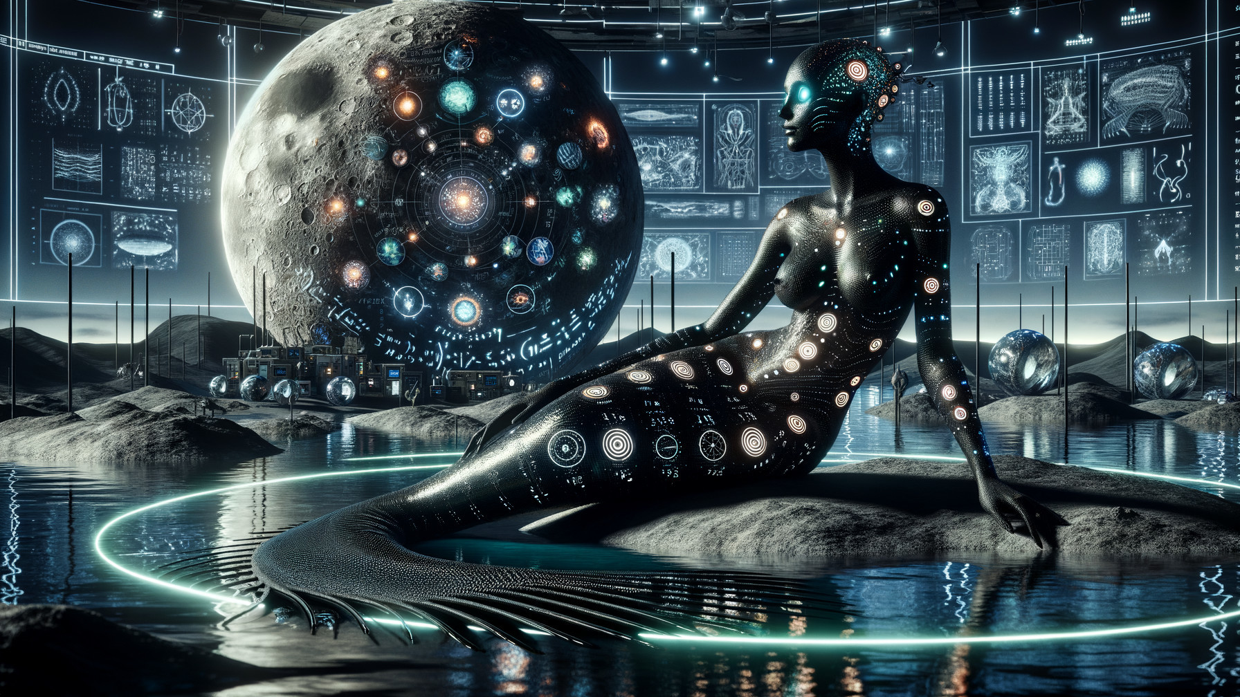 Futuristic mermaid by tranquil water with cosmic displays