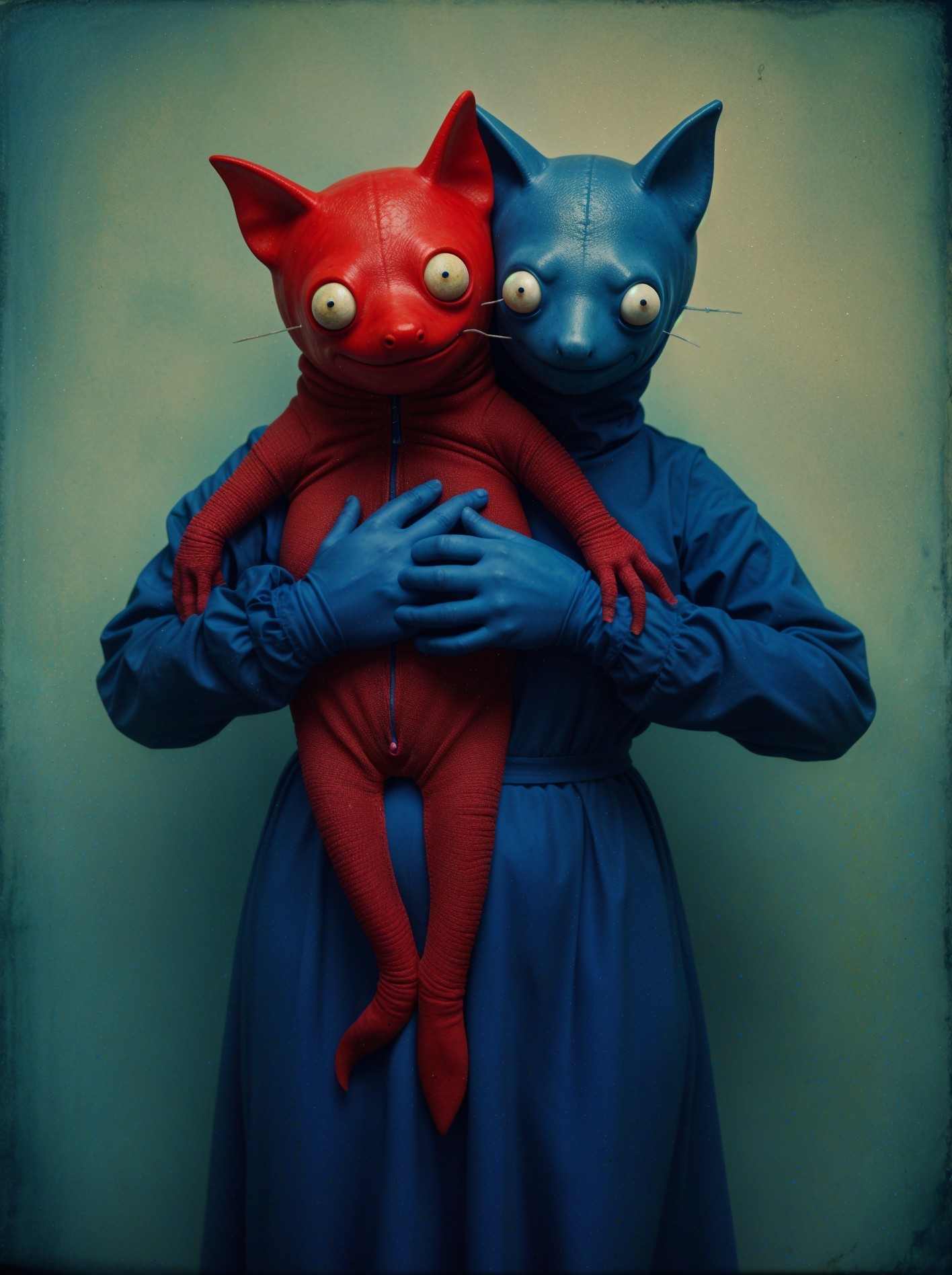 Surreal Scene with Figure and Cat-Like Doll