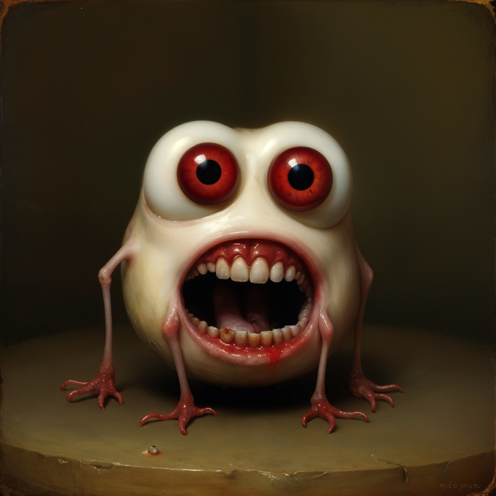 Surreal creature with grotesque face and sharp teeth