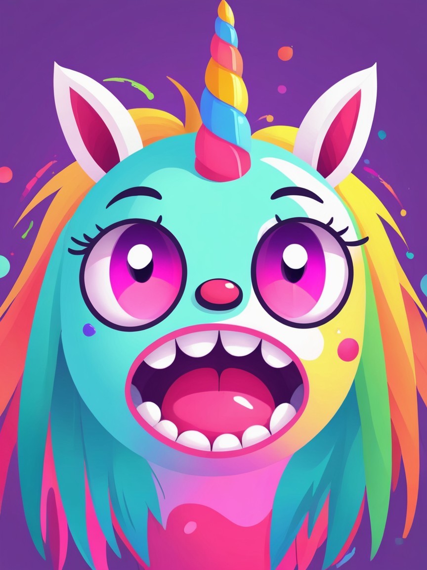 Cartoon Unicorn Character with Rainbow Mane and Purple Background