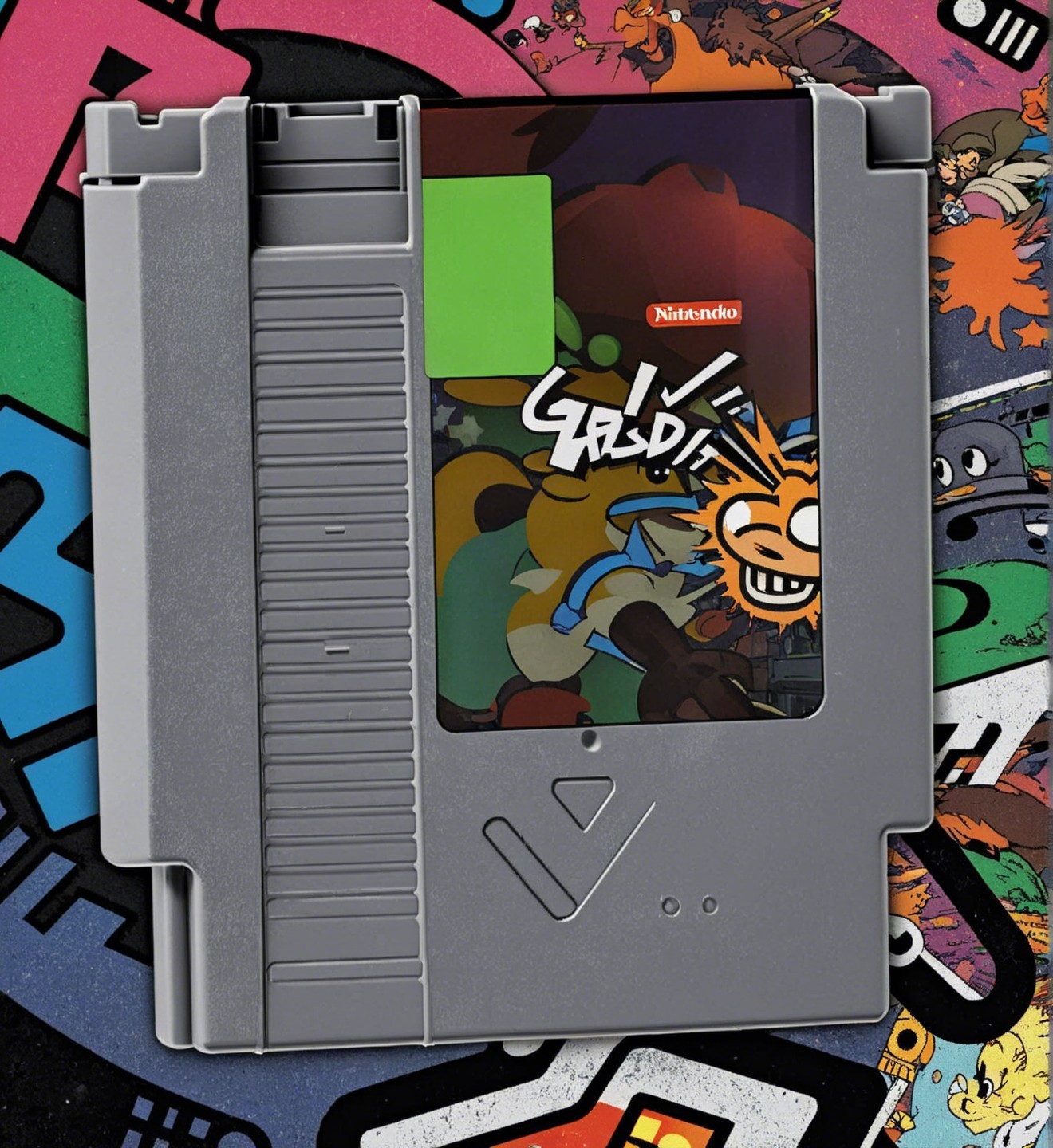 Classic Gray Video Game Cartridge with Cartoon Artwork
