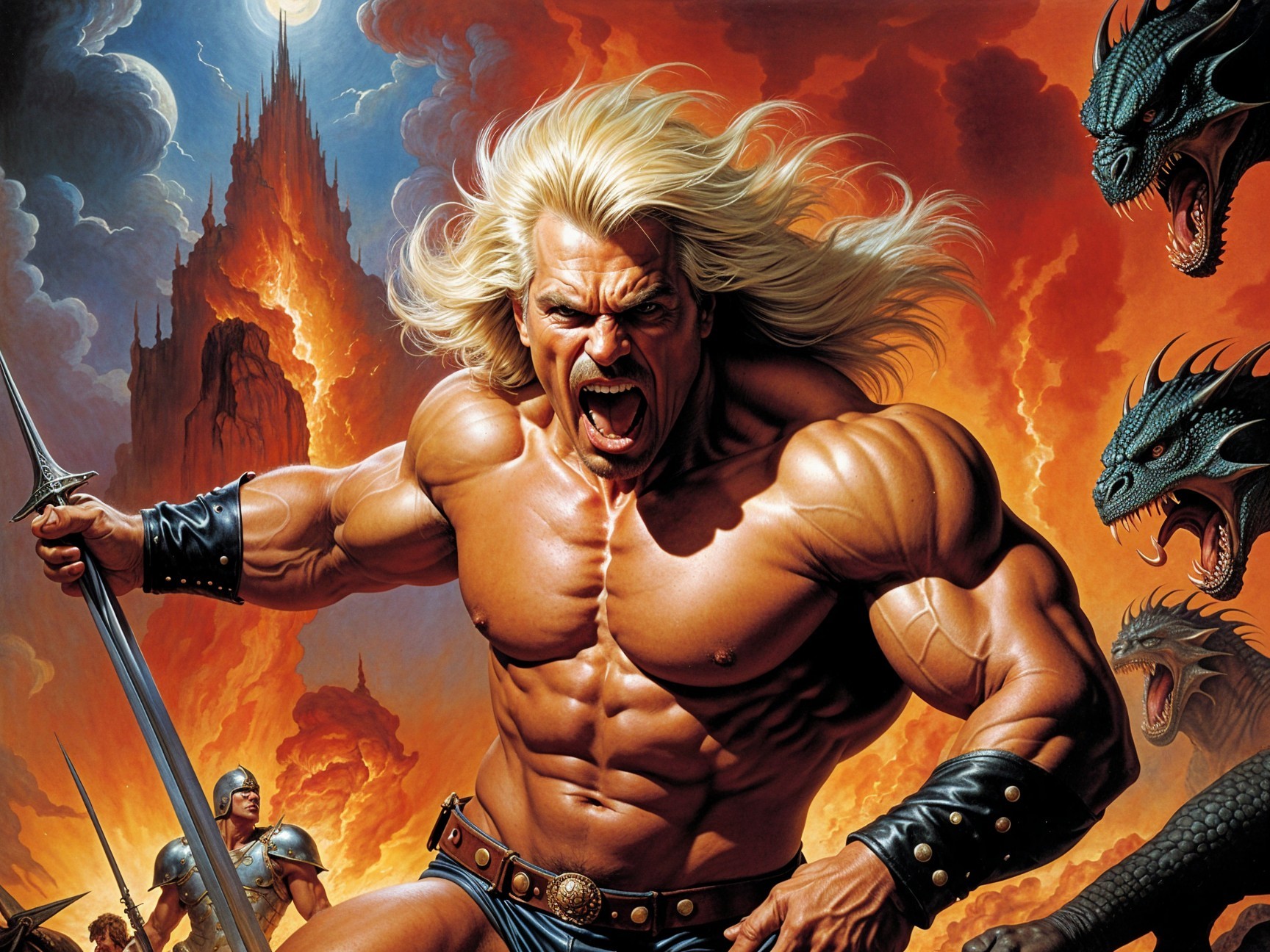 Muscular warrior with sword amidst flames and dragons