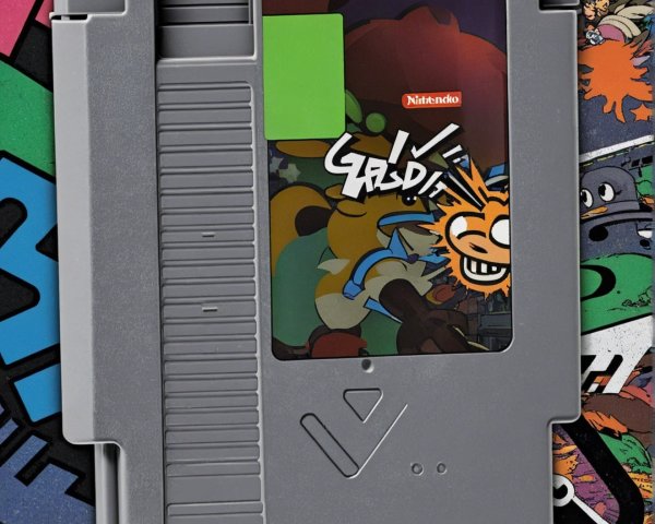 Classic Gray Video Game Cartridge with Cartoon Artwork
