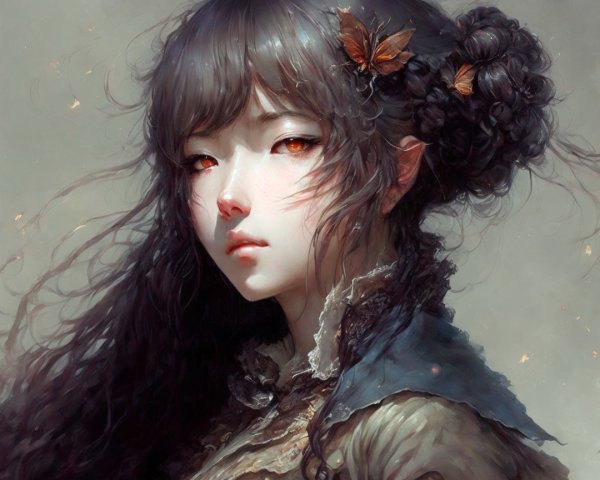 Young woman with black hair and butterflies in art