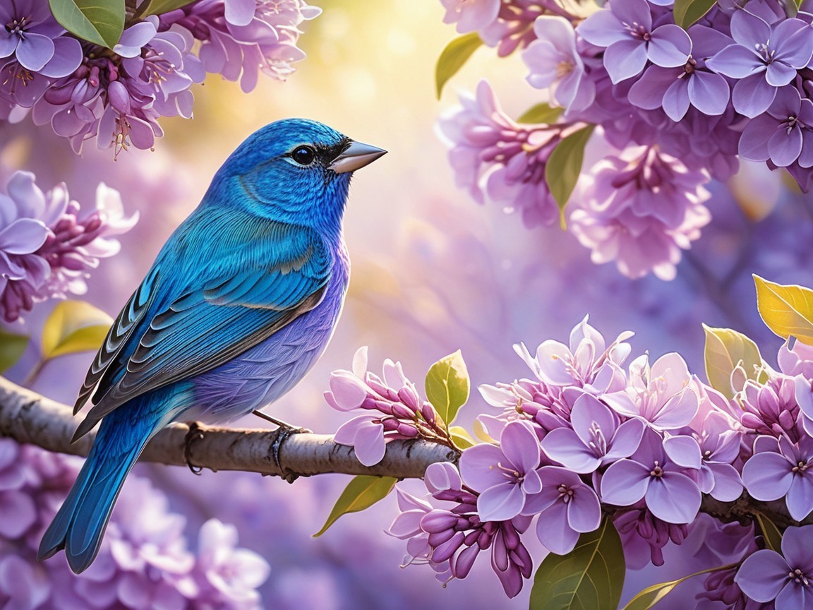 Blue Bird on Branch with Pink Flowers in Spring